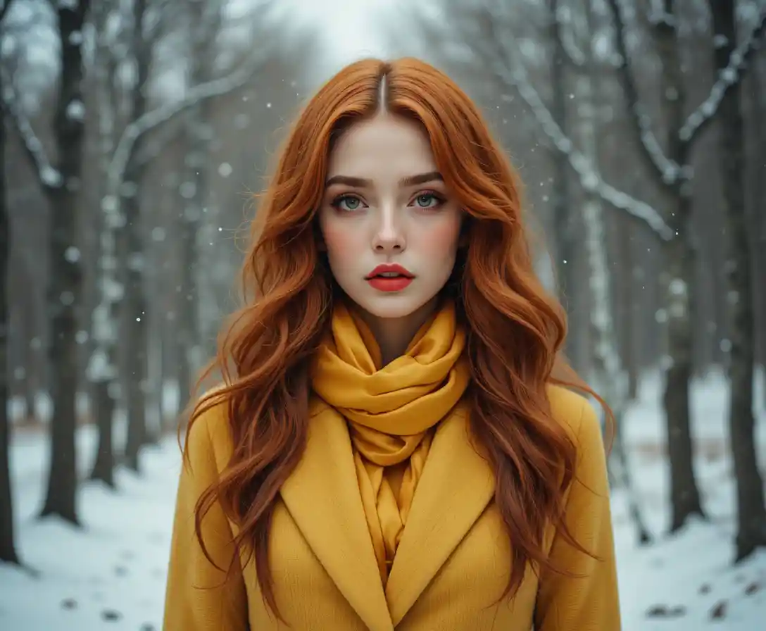 Red haired woman in yellow coat in gentle winter forest