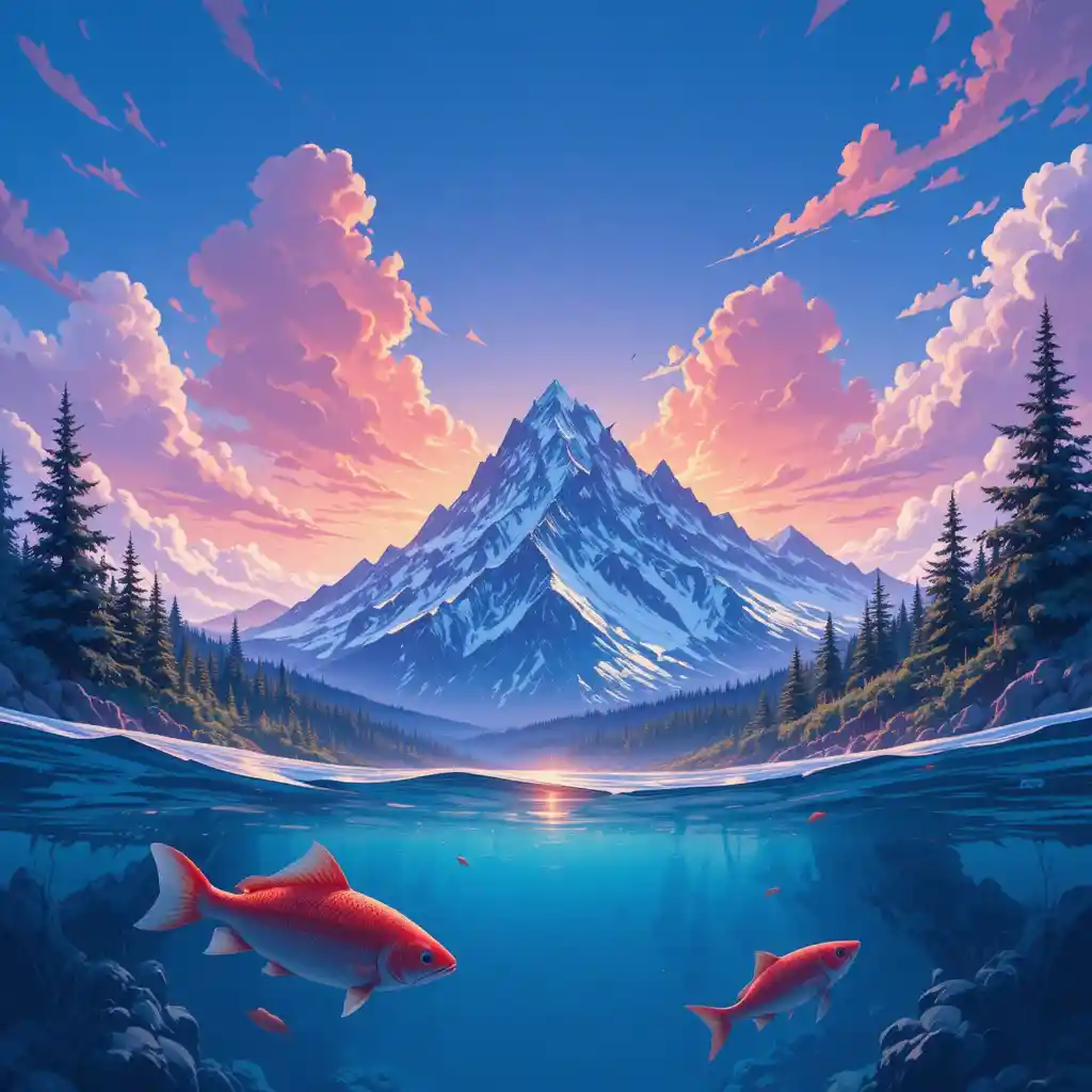 Majestic mountain sunset above clear water and swimming fish