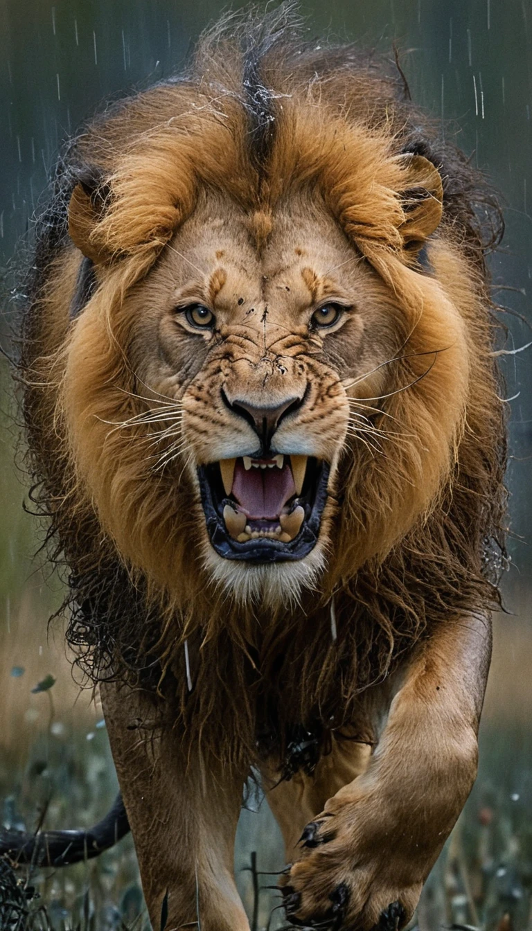 Roaring male lion walking in heavy rain toward camera