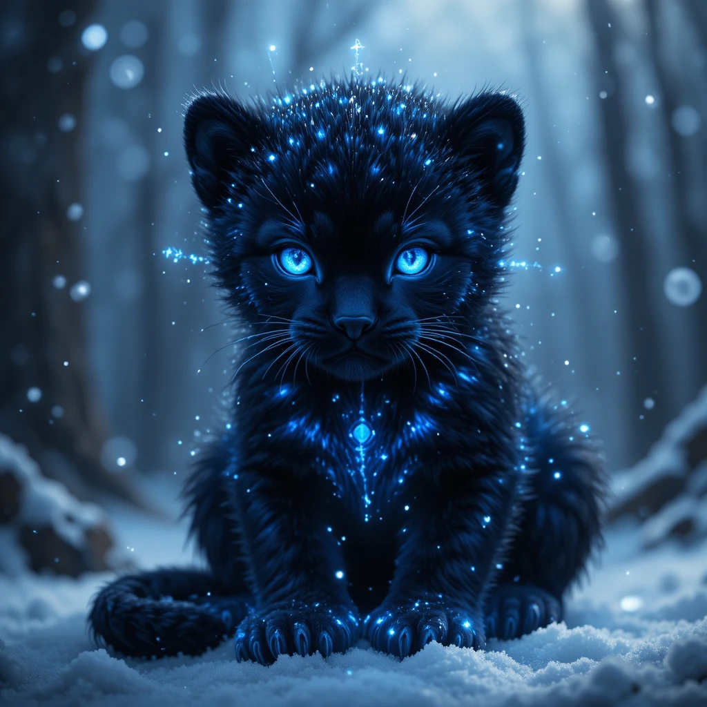 Tiny black panther cub glowing in a snowy forest