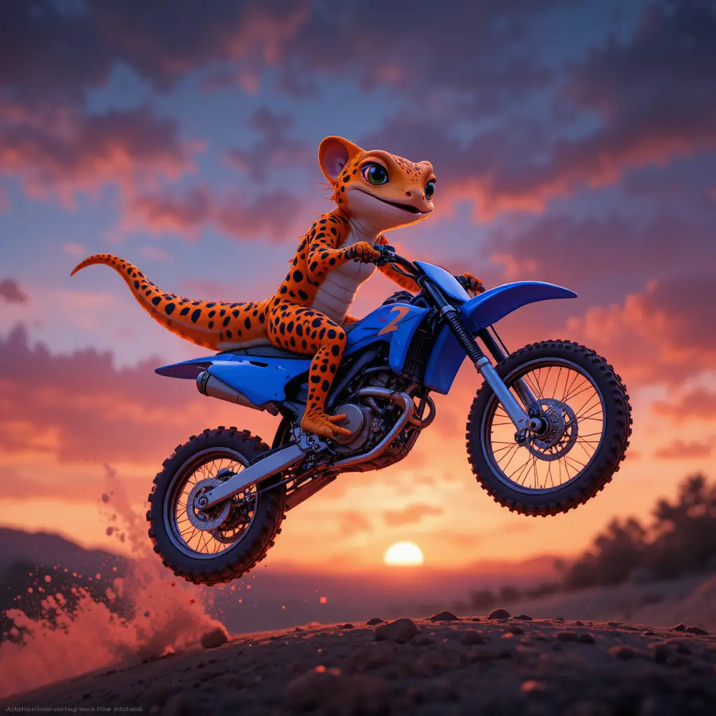 Cute anime leopard gecko riding a blue dirt bike