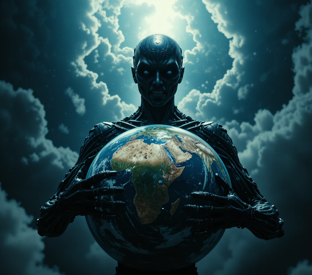 Biomechanical alien embracing planet Earth in stormy space