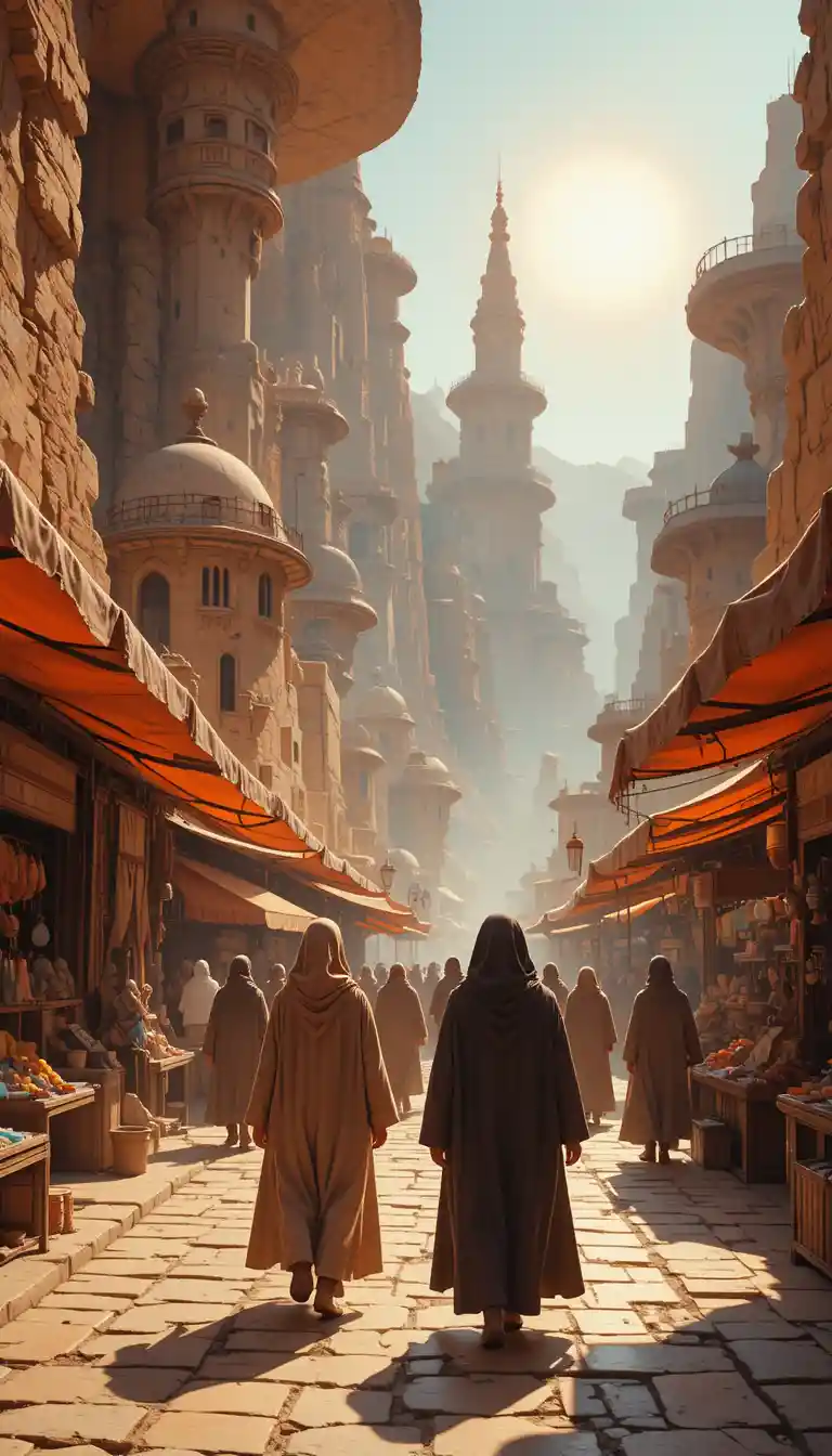 Fantastical canyon market street with robed figures walking