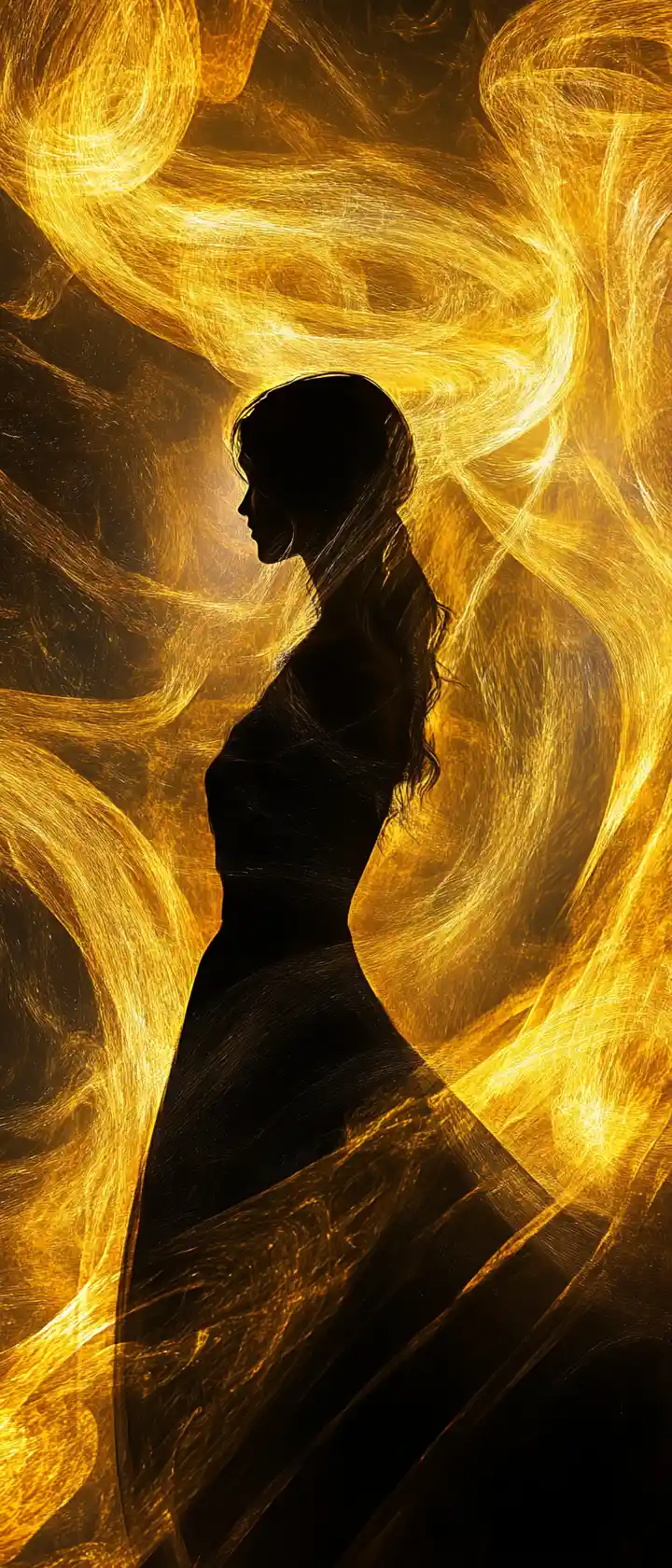 Golden emotions forming a luminous cosmic female silhouette