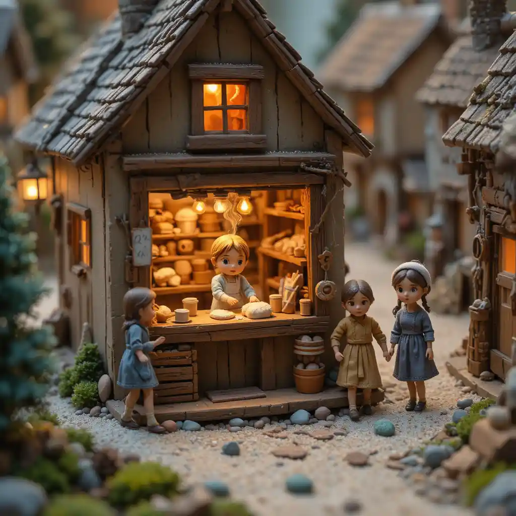 Aconchegante padaria em miniatura na vila com janela iluminada