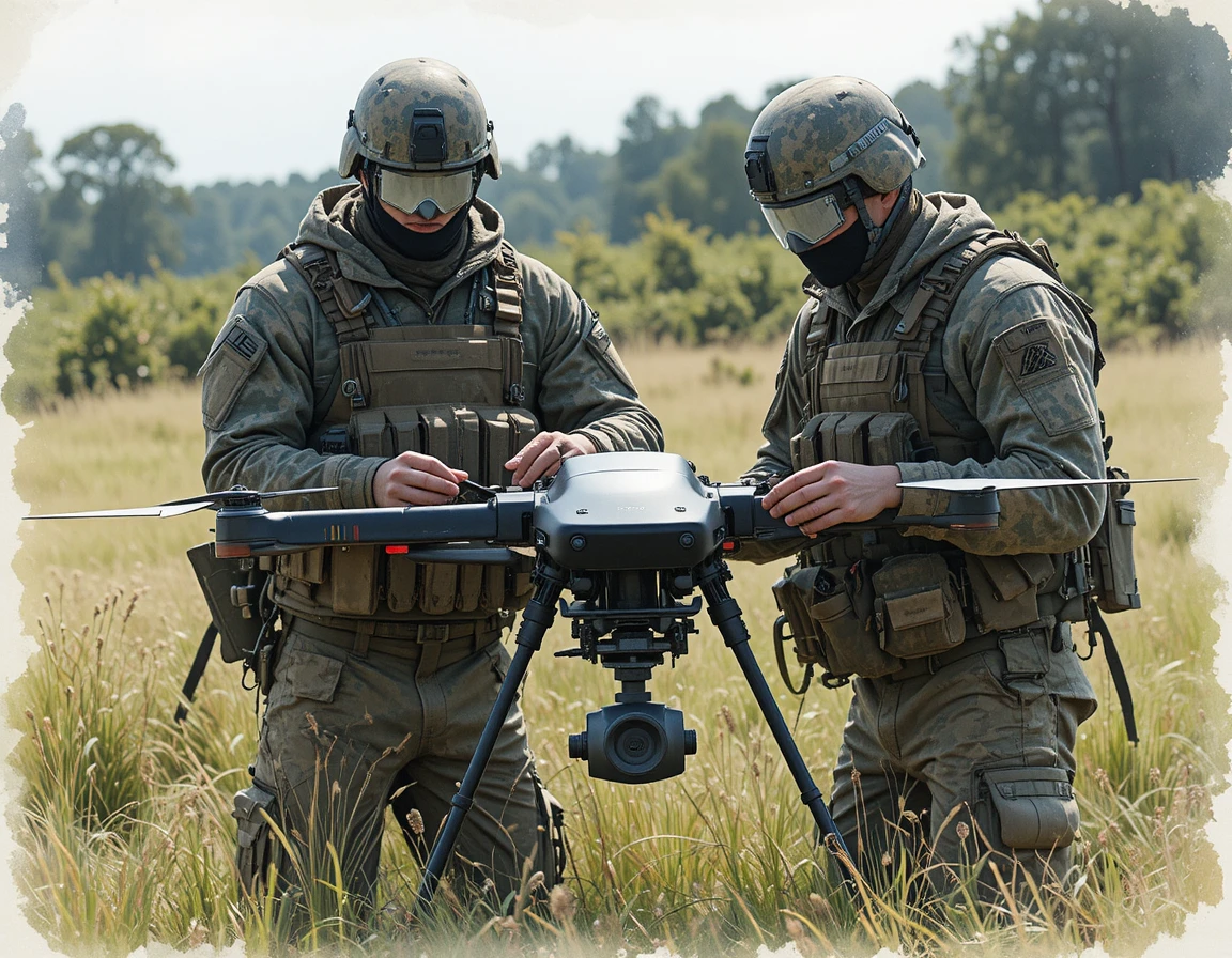 Soldati in ginocchio in un campo che preparano un grande drone nero