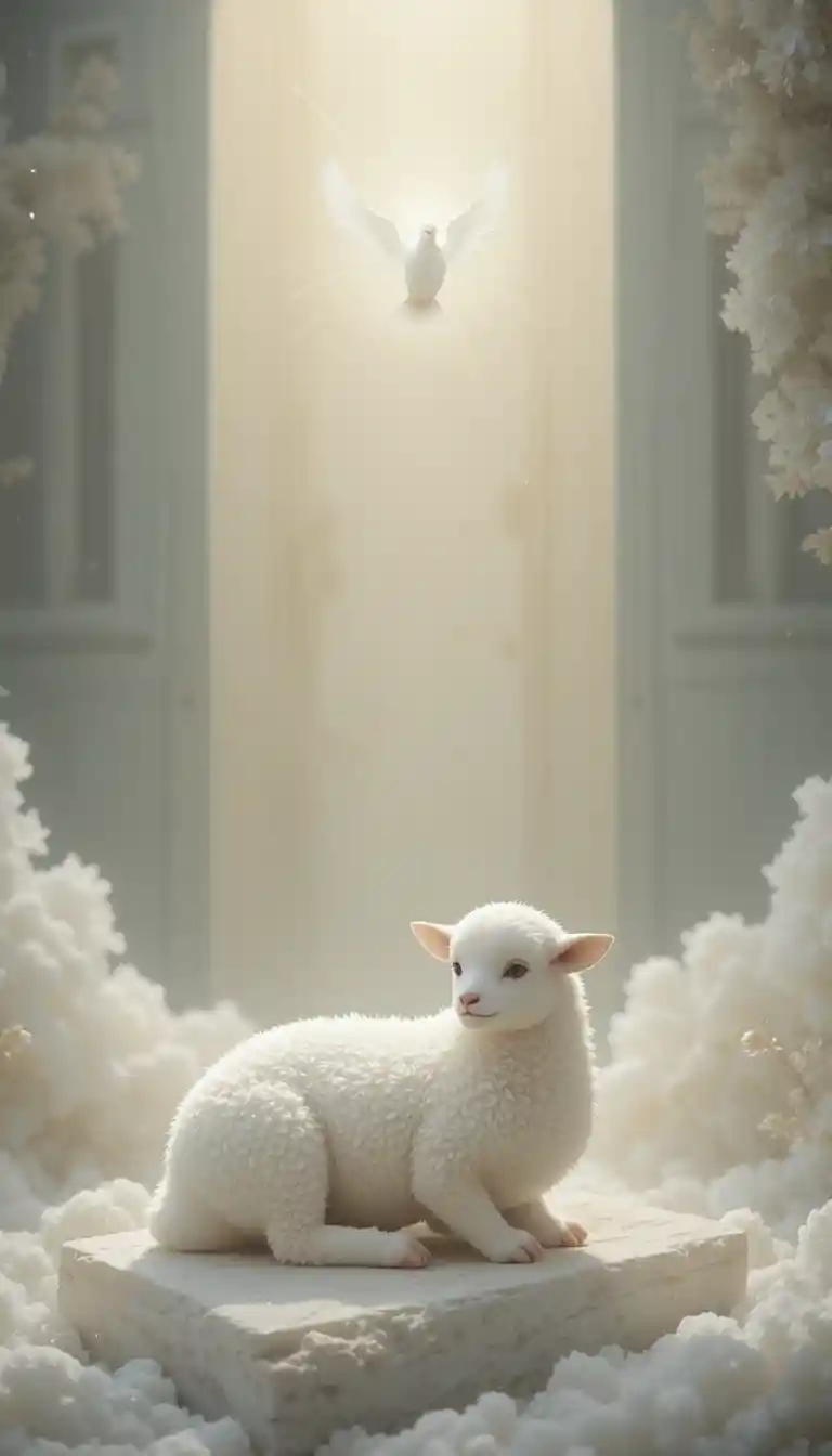 White lamb in soft heavenly light with distant dove