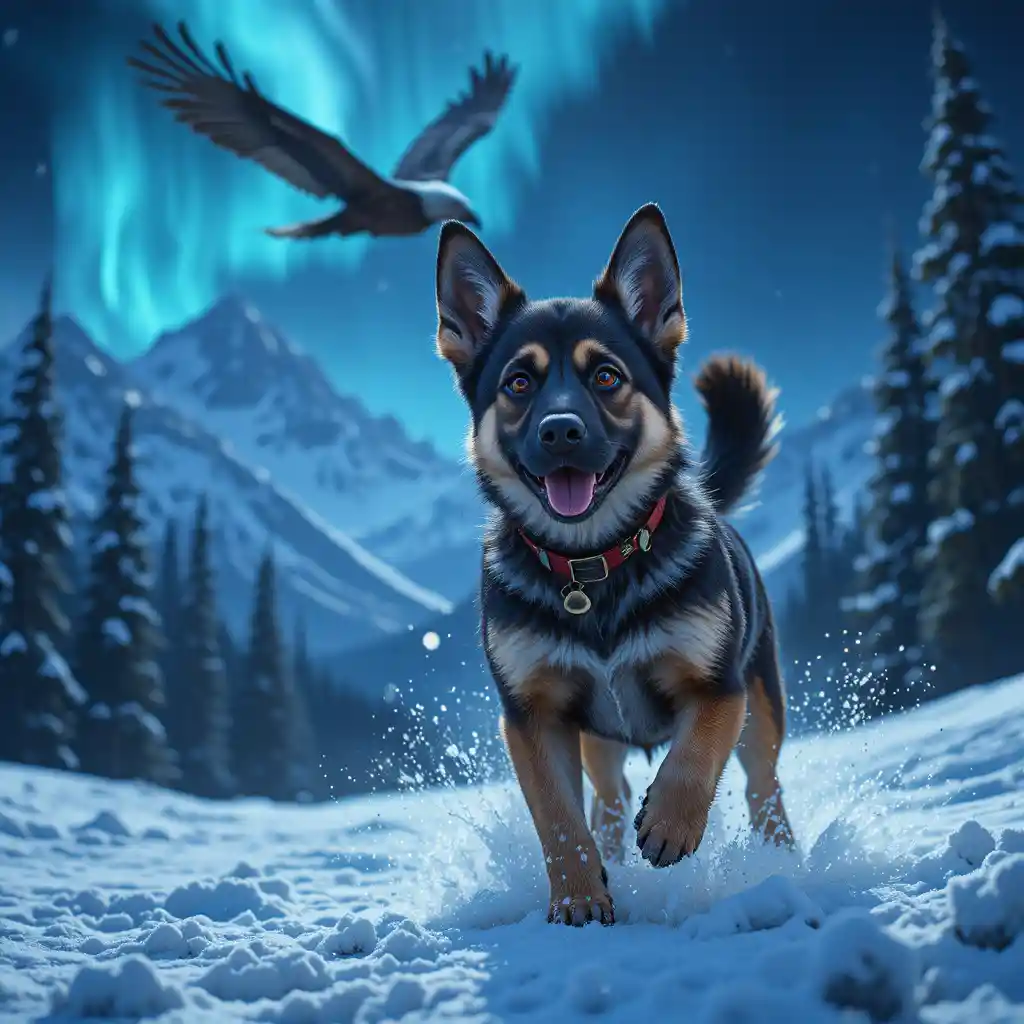 藍光雪地裡玩耍的可愛德國牧羊犬幼犬