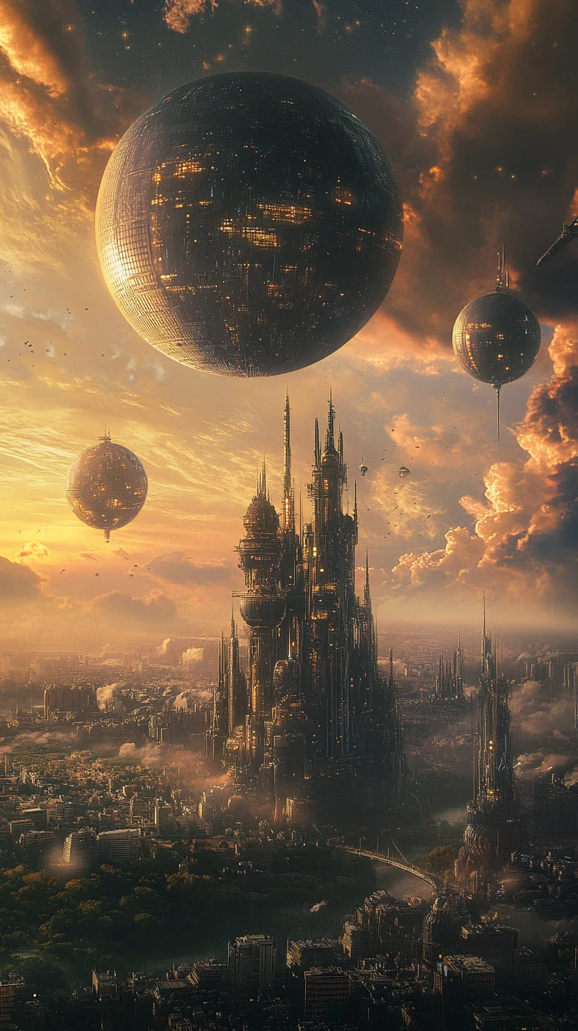 Vast alien city of spires and spheres in sunset sky