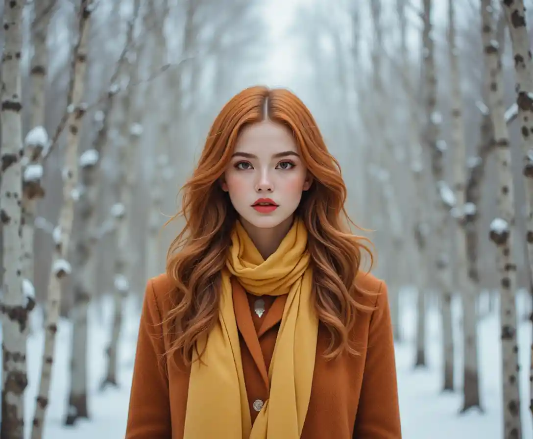 Red haired woman in coat standing in snowy birch grove