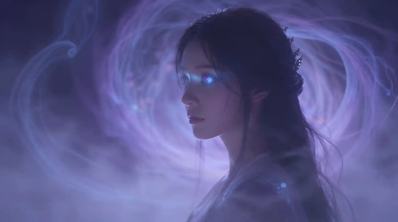Jeune fille mystique dans un paysage éthéré et lumineux venu d’un autre monde