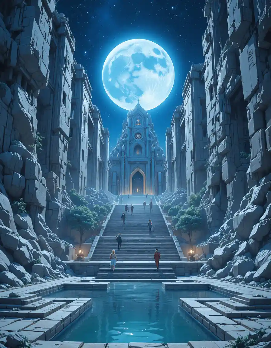 Colossale tempio di pietra bianca sotto una luminosa luna notturna