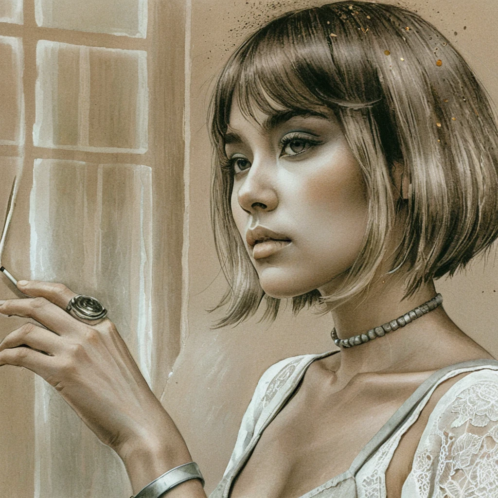 Melancholic Asian woman smoking by a rainy window