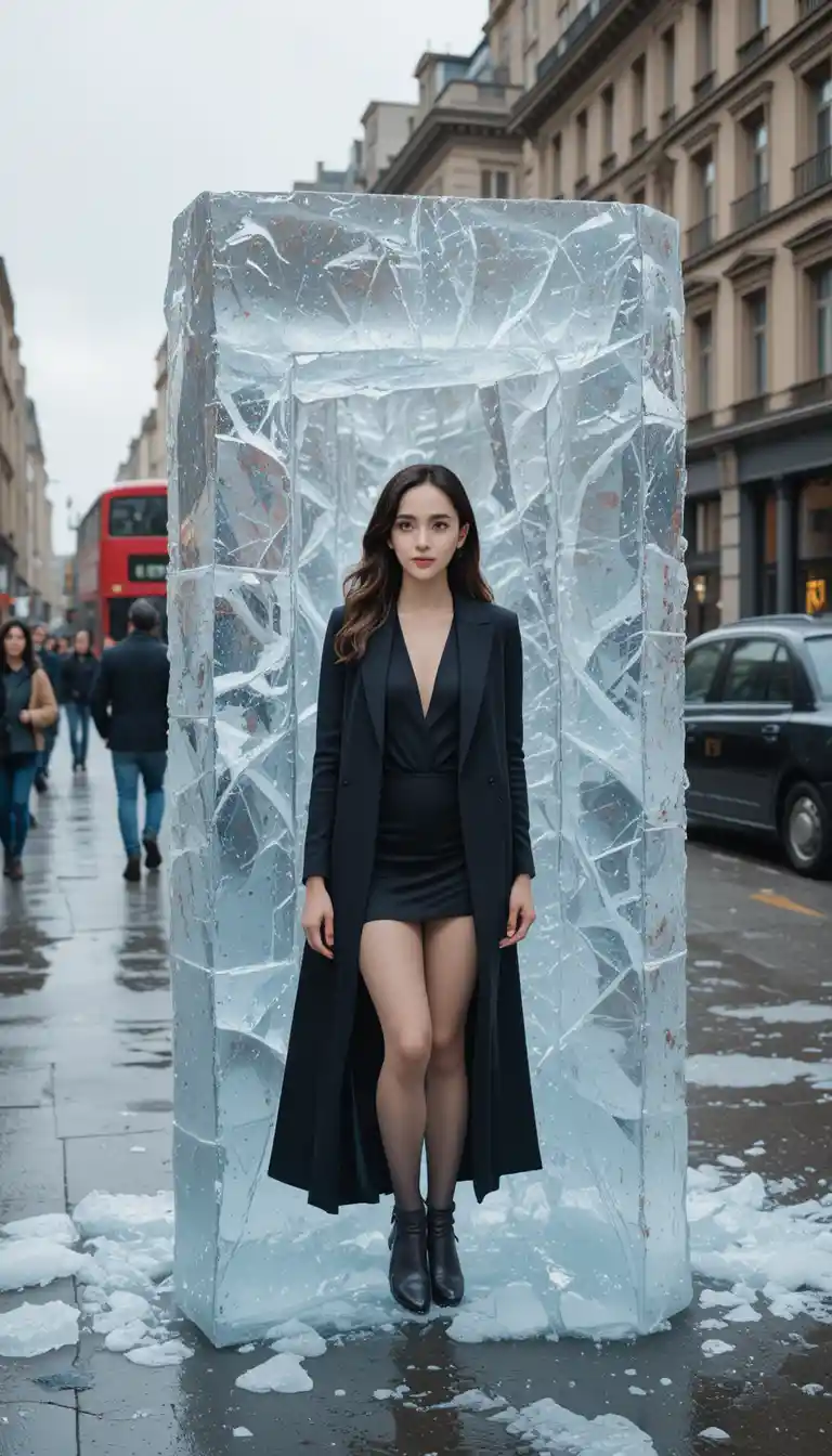 Woman encased in melting ice on a busy city street