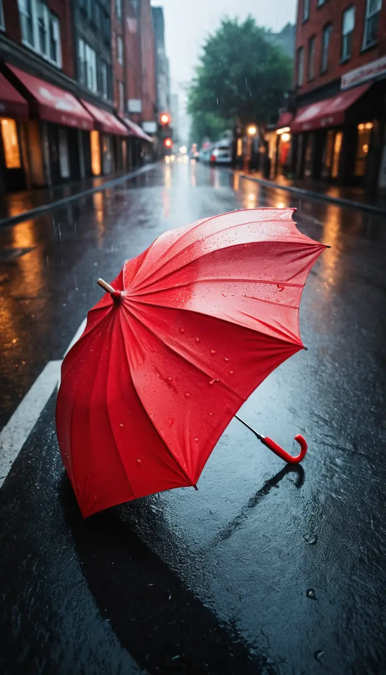 Red umbrella in rain on an empty city street