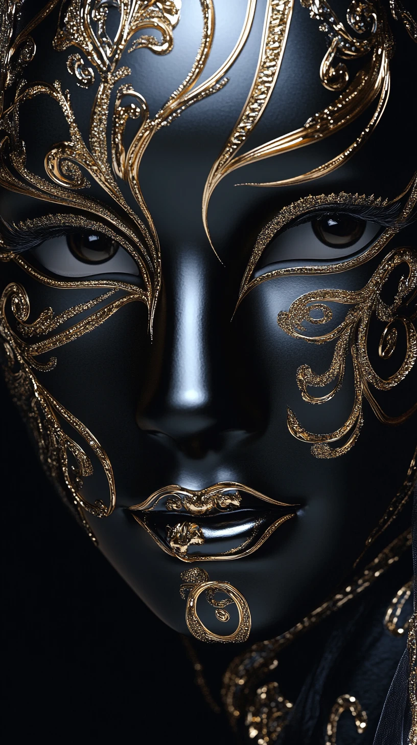 Ritratto ravvicinato di lussuosa maschera veneziana nera e oro