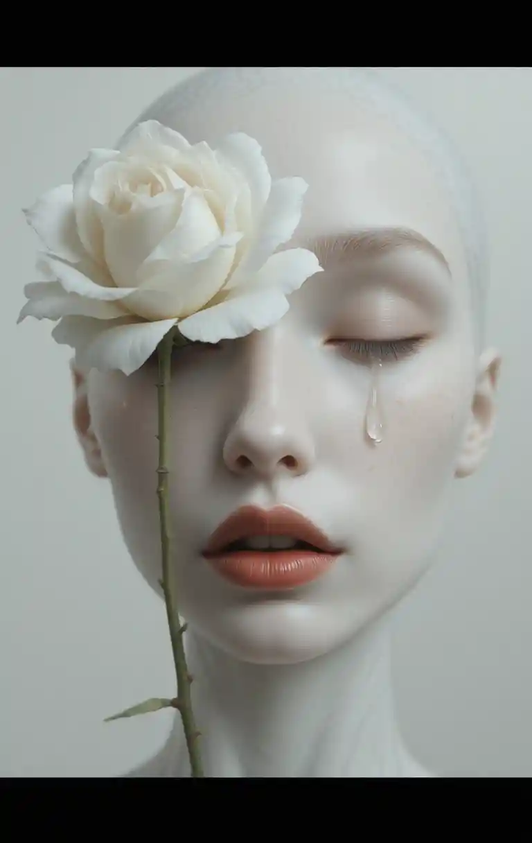 Portrait surréaliste en gros plan d’une femme avec une rose blanche