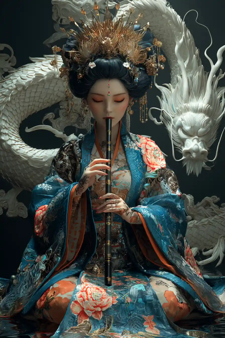 Meditating imperial woman with dragon and koi behind her