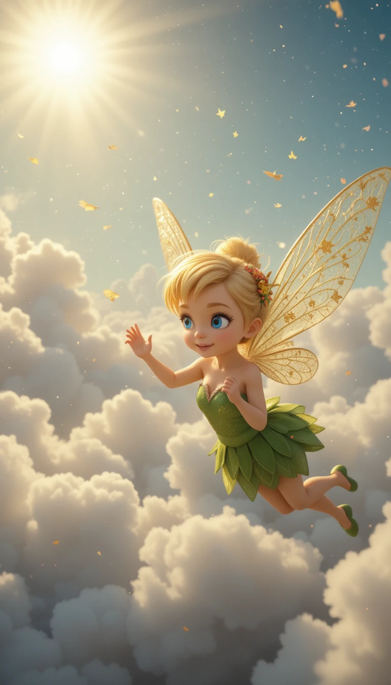 Fairy Flying High Through Soft Clouds In Bright Sky