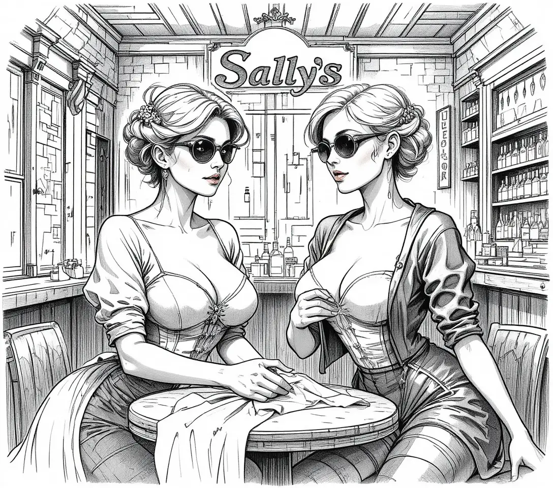 Two middle aged women in a rustic stone interior