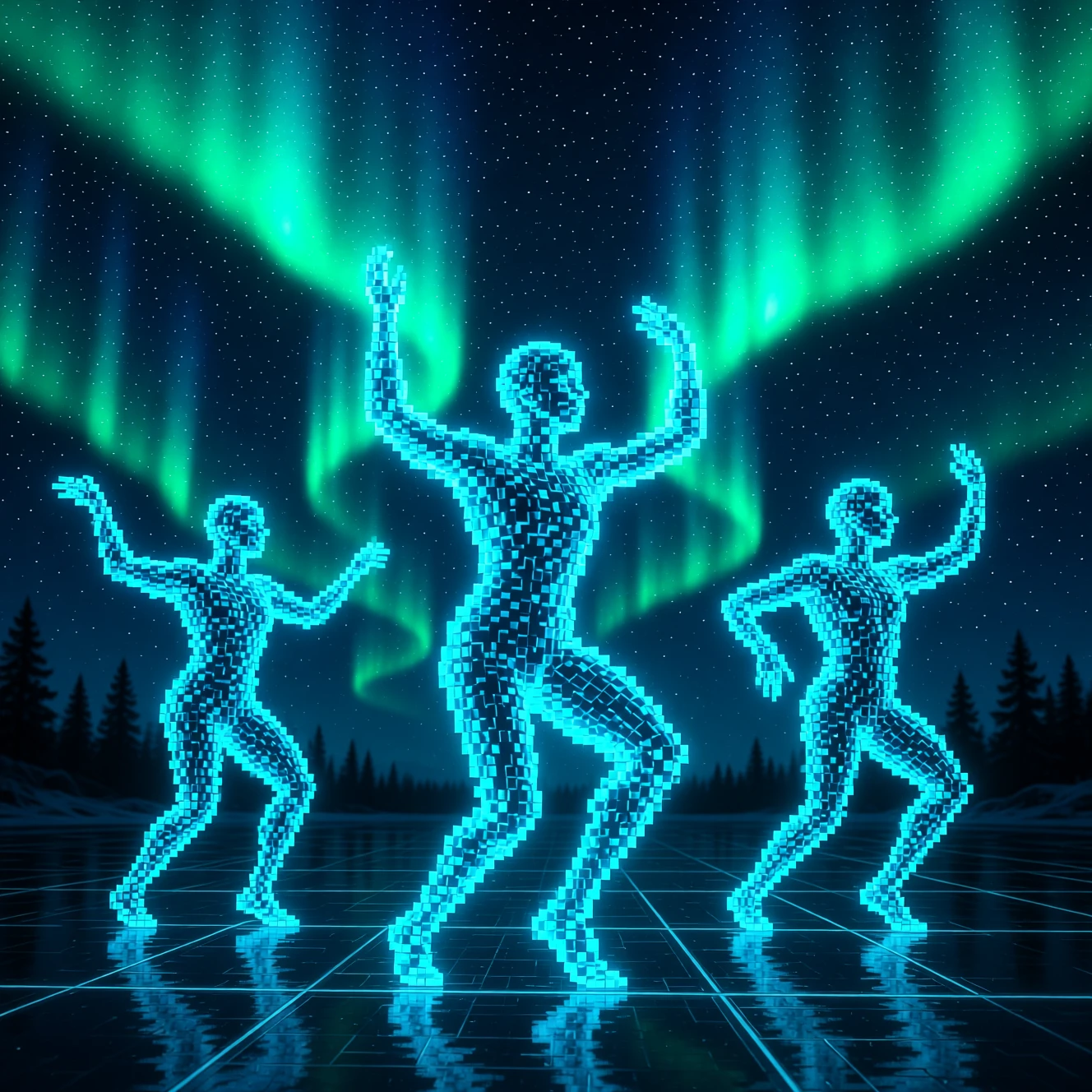 Ondas digitais em azul e verde como uma aurora em abstração