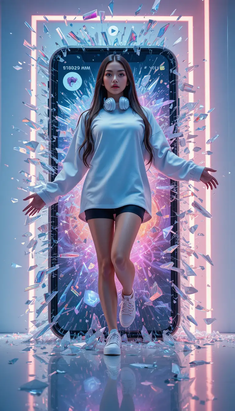 Young woman breaking through glowing smartphone screen