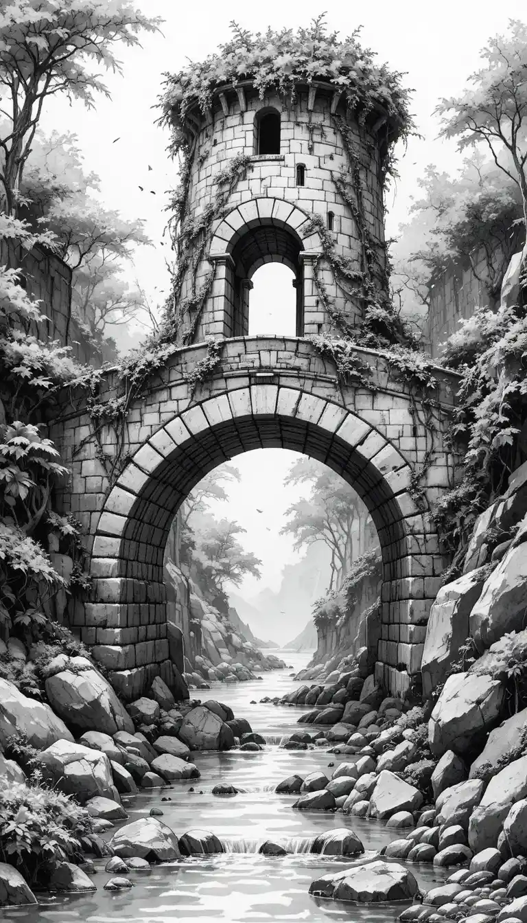 Alte Steinbrücke mit Efeuturm über ruhigem Fluss