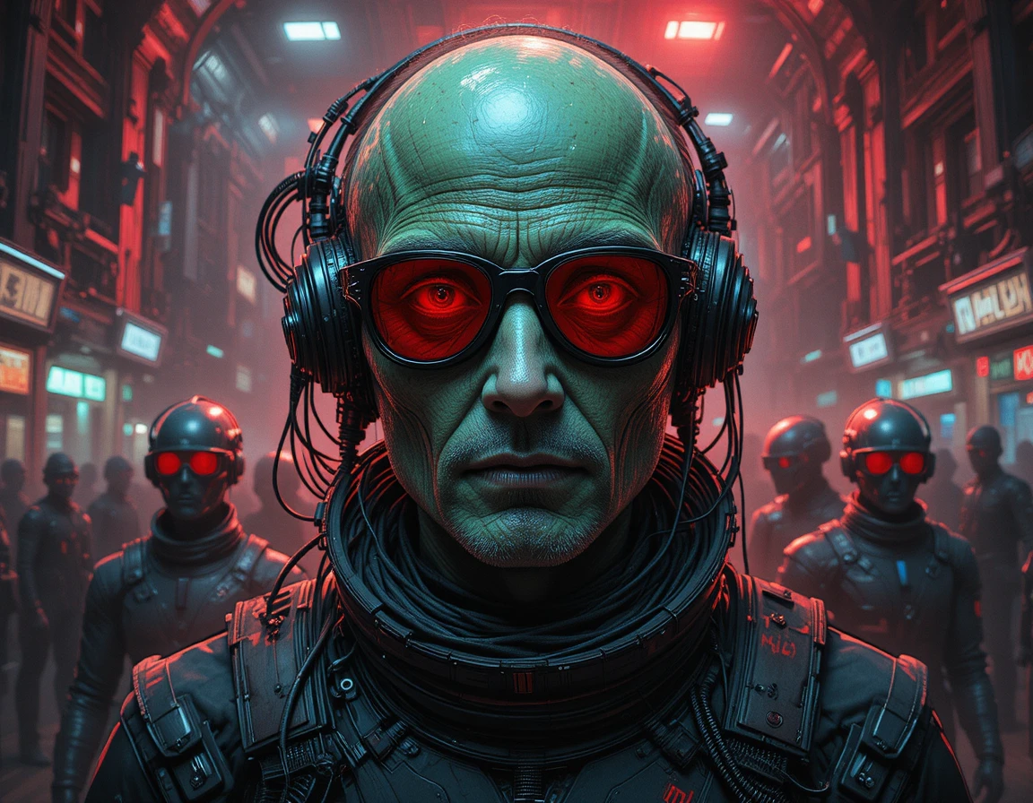 Aged humanoid alien in red lit futuristic close up