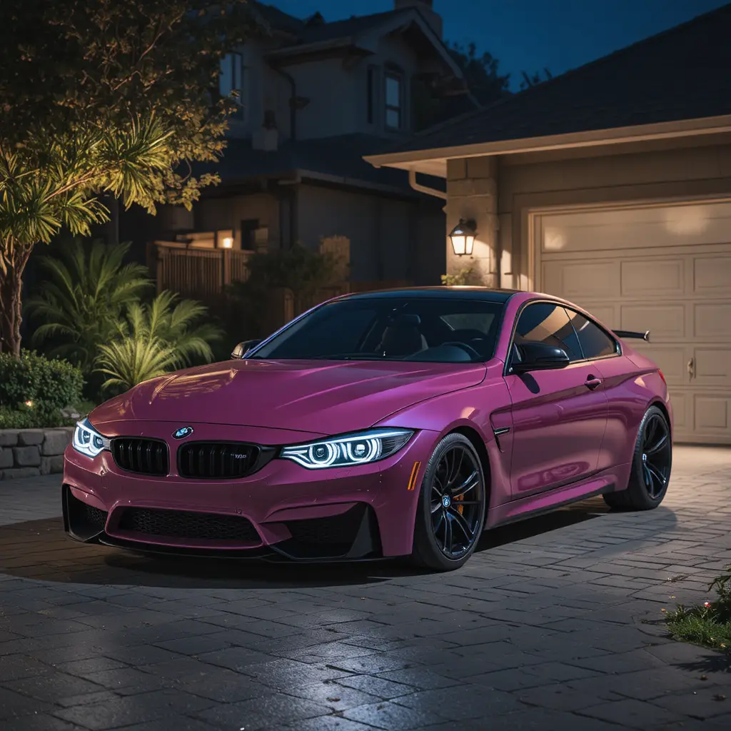 Dark Pink Car Parked On A Driveway At Night