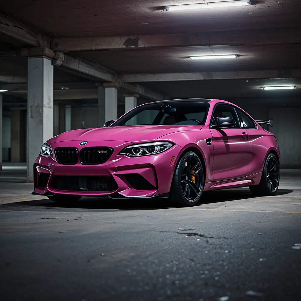 Dark pink sports car parked in an underground garage