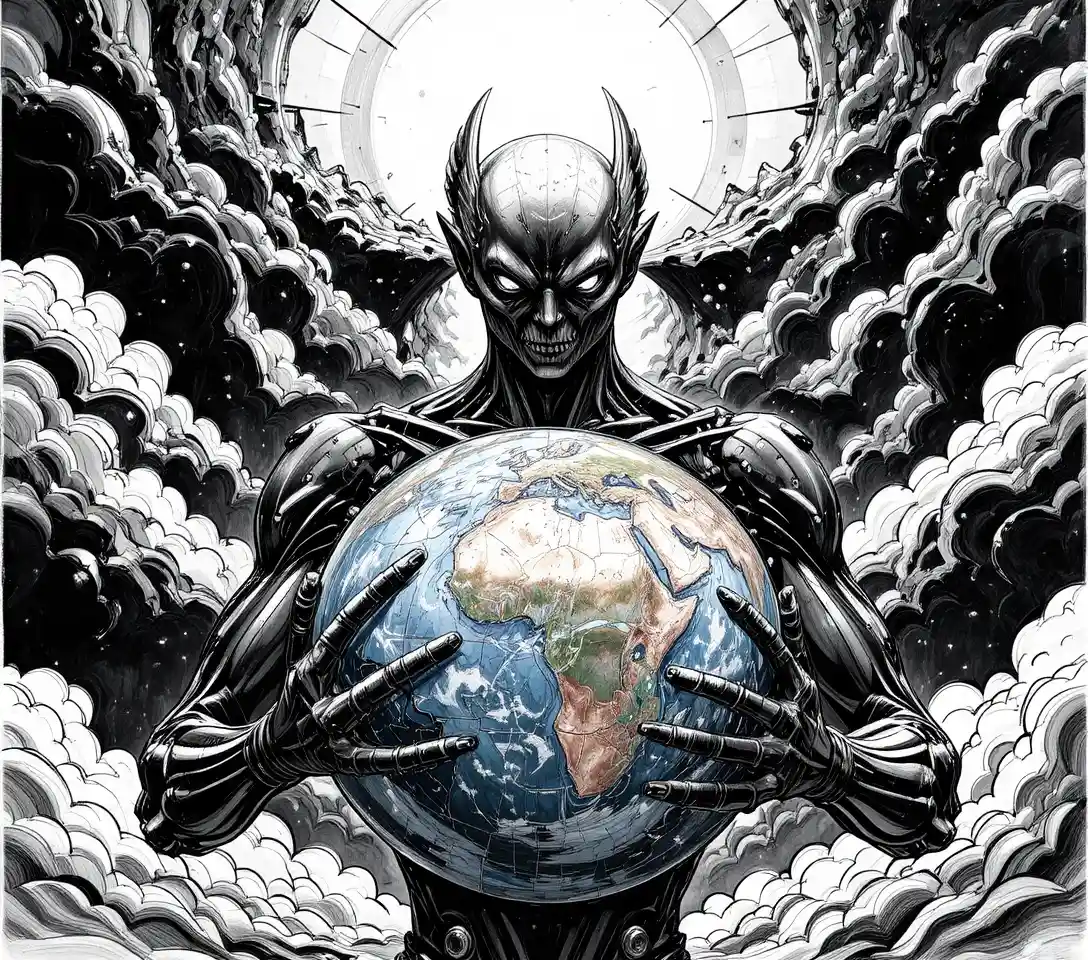 Biomechanical alien embracing planet Earth in outer space