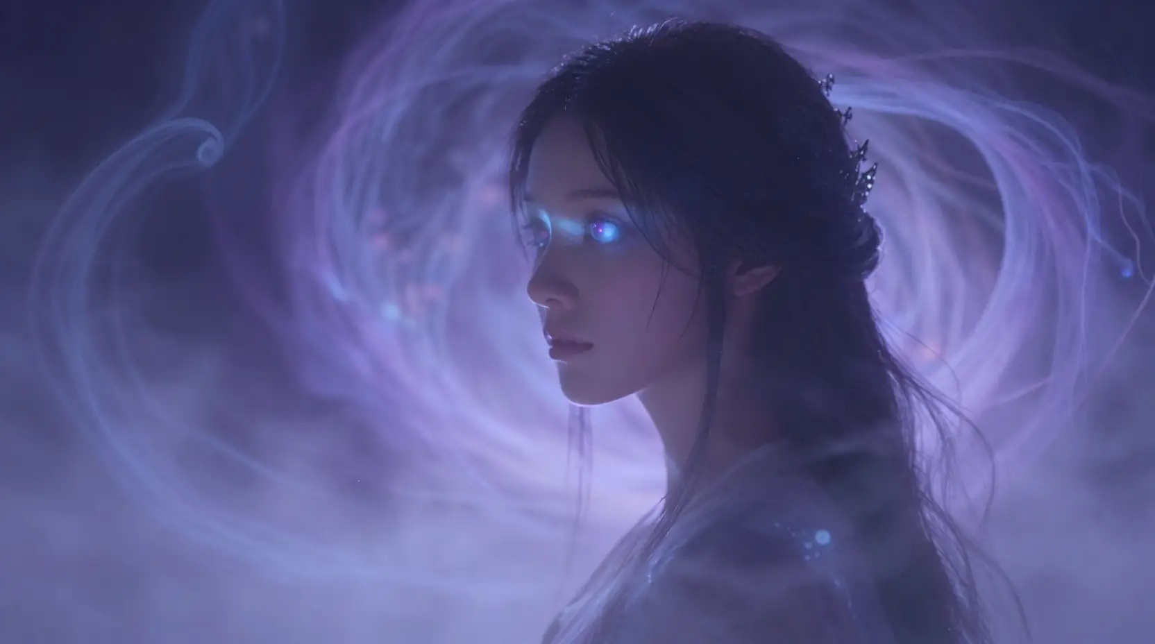Mystical girl in an ethereal otherworldly glowing landscape