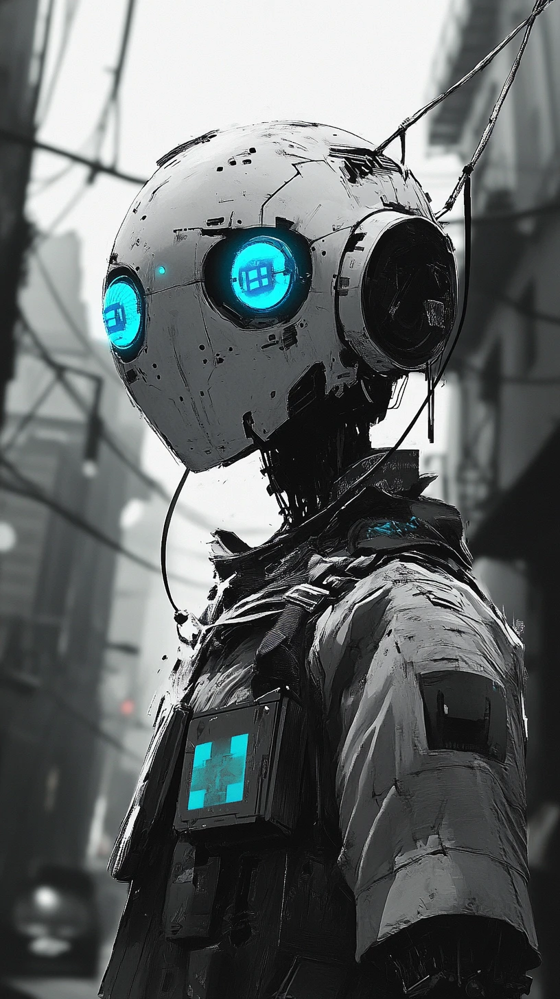 Futuristischer humanoider Roboter überragt eine dunkle Stadtstraße