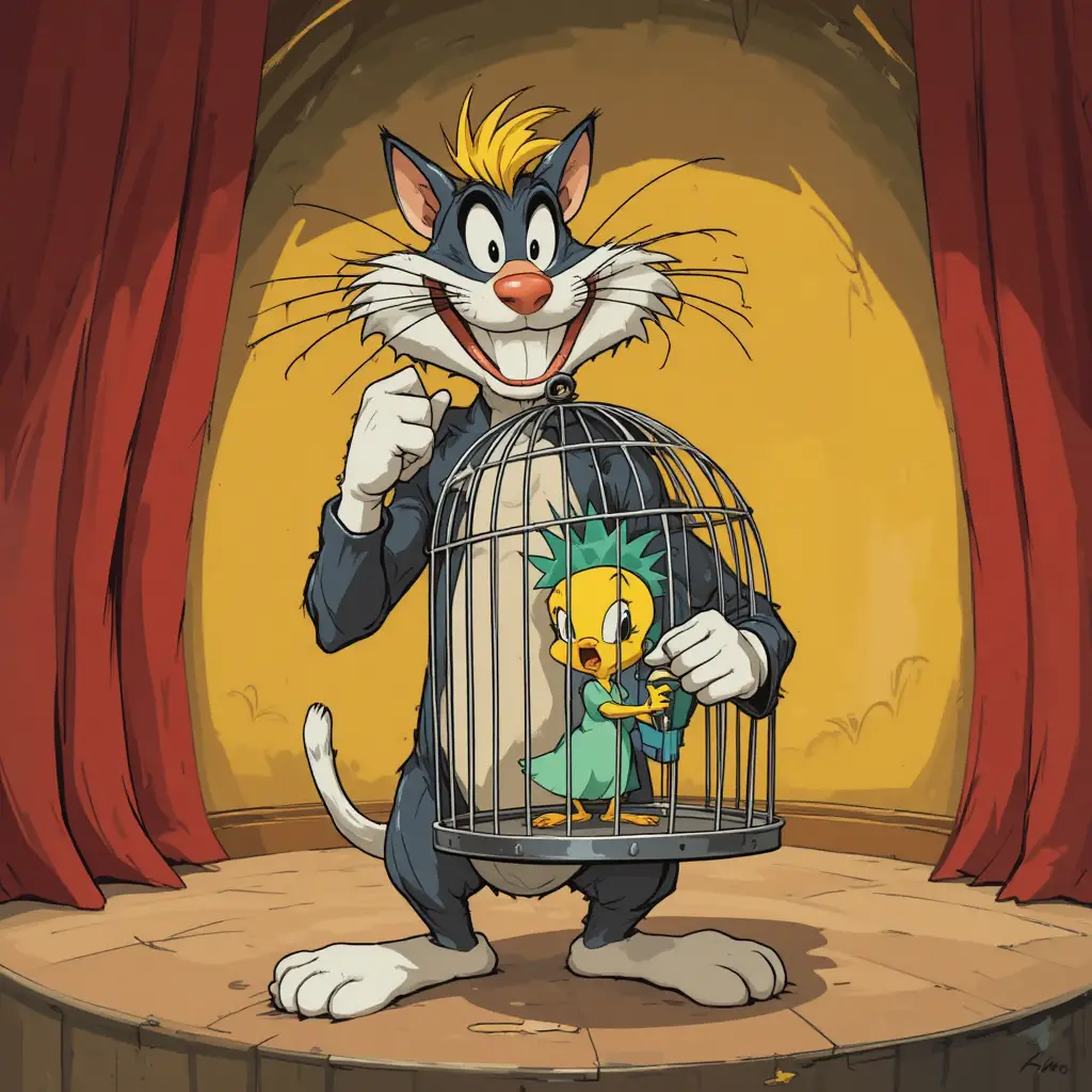 Satirical vintage cartoon cat holding a fearful caged bird
