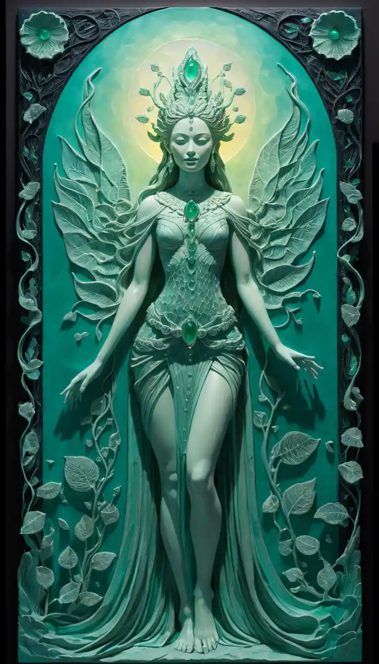 Mythic nature goddess in glowing full length fantasy painting