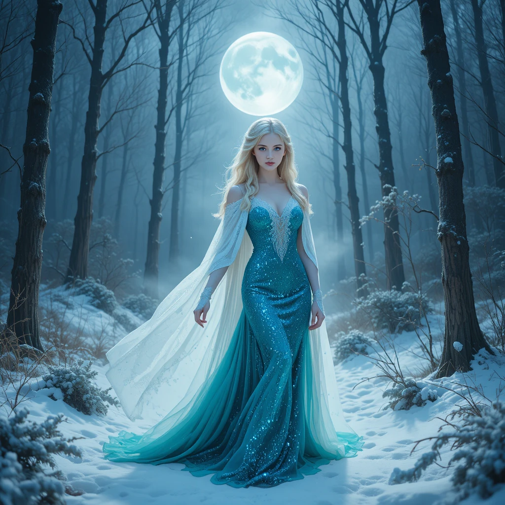 Blonde Frau im türkisfarbenen Kleid unter einem Vollmond