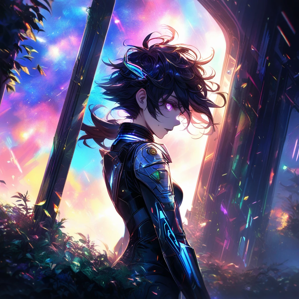 Dark sci fi woman at spaceship window facing nebula