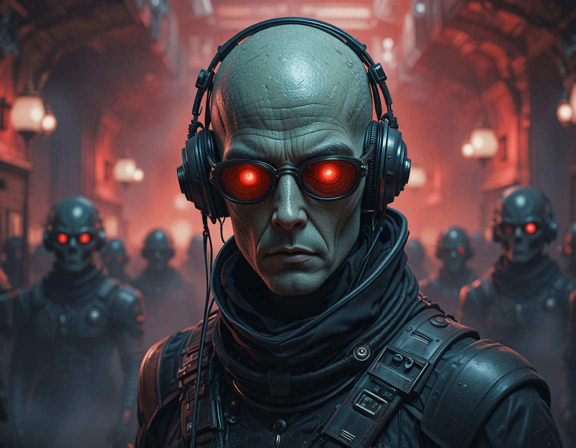 Aged humanoid alien in red glowing glasses portrait