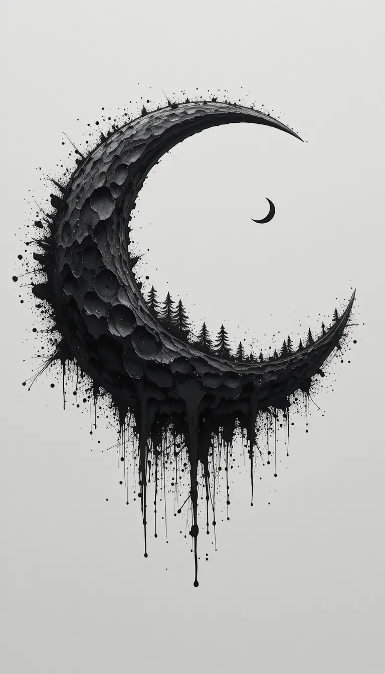 Crescent moon wave blending with dark cosmic landscape