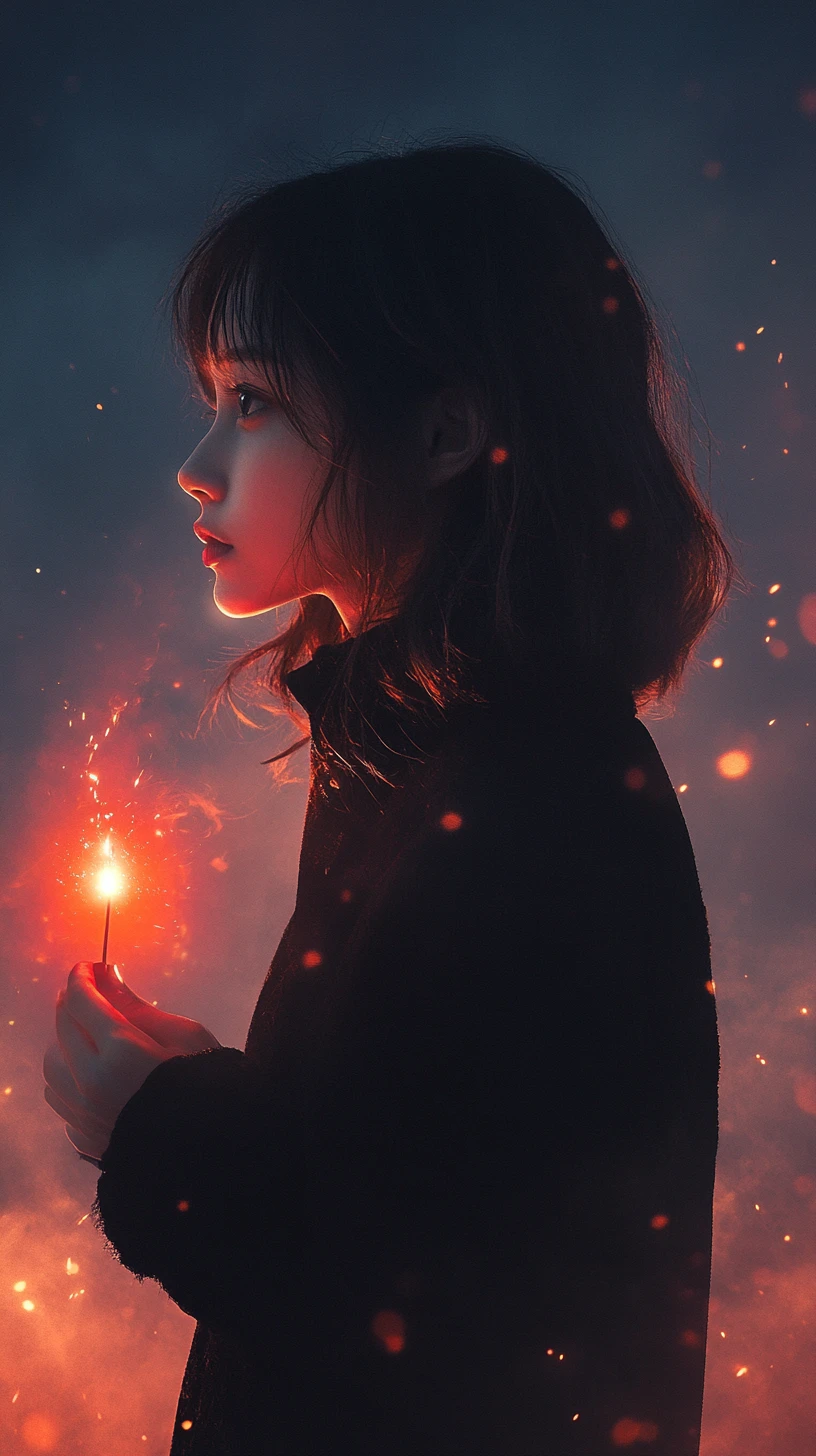 Backlit young woman holding a match in the night
