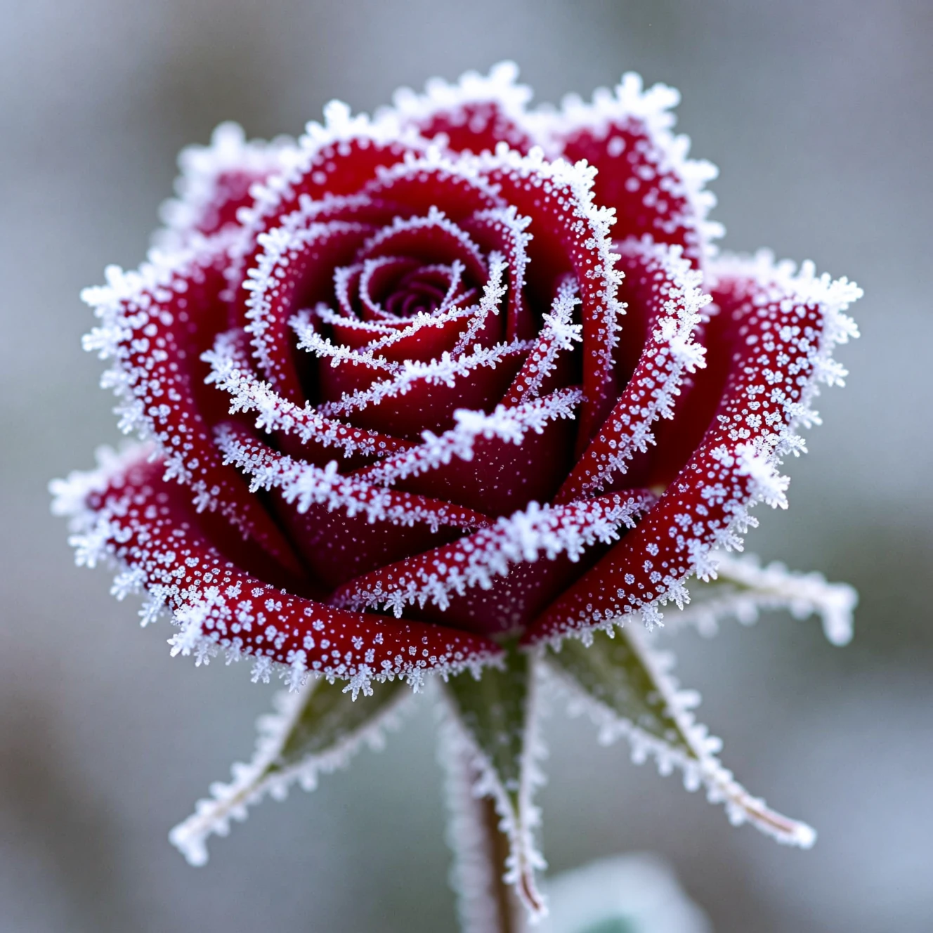 Rose cramoisie gelée, couverte d’un délicat givre d’hiver