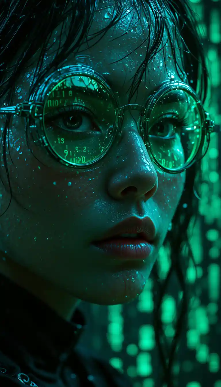 Retrato cyberpunk intenso com reflexos de código verde brilhante
