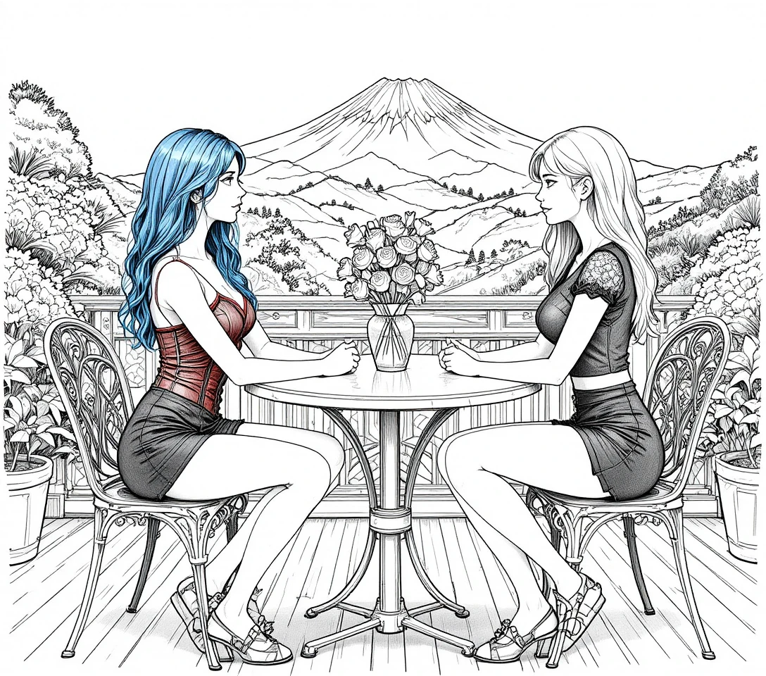 Two stylish young women at a terrace table with flowers