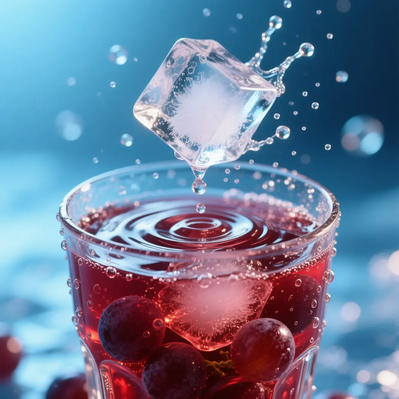 Primo piano di un bicchiere di succo d’uva rossa con ghiaccio che si scioglie