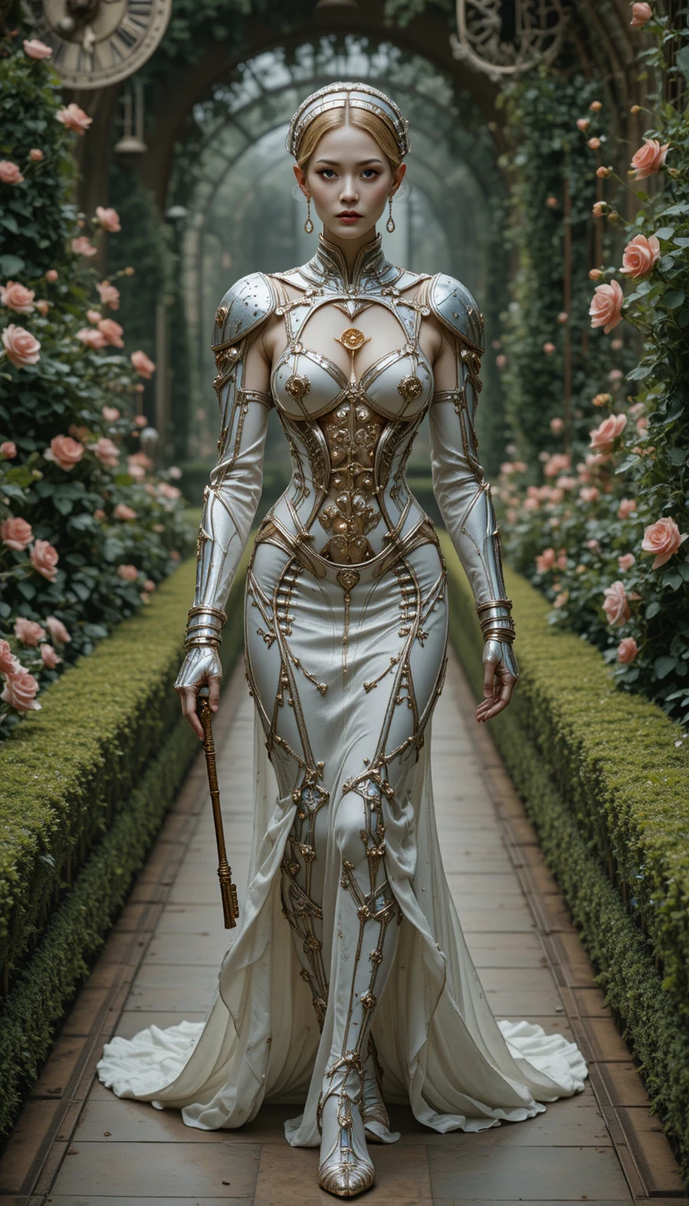 Elegant steel clad noblewoman in a surreal clockwork garden
