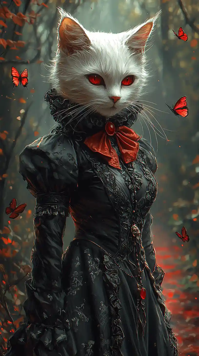 White gothic cat on a blood red path in dark forest