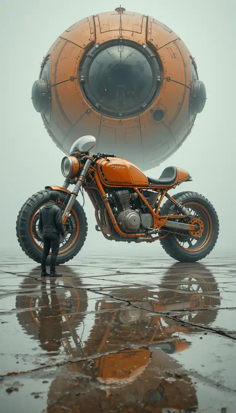 Motocicleta laranja futurista sob esfera flutuante em concreto molhado