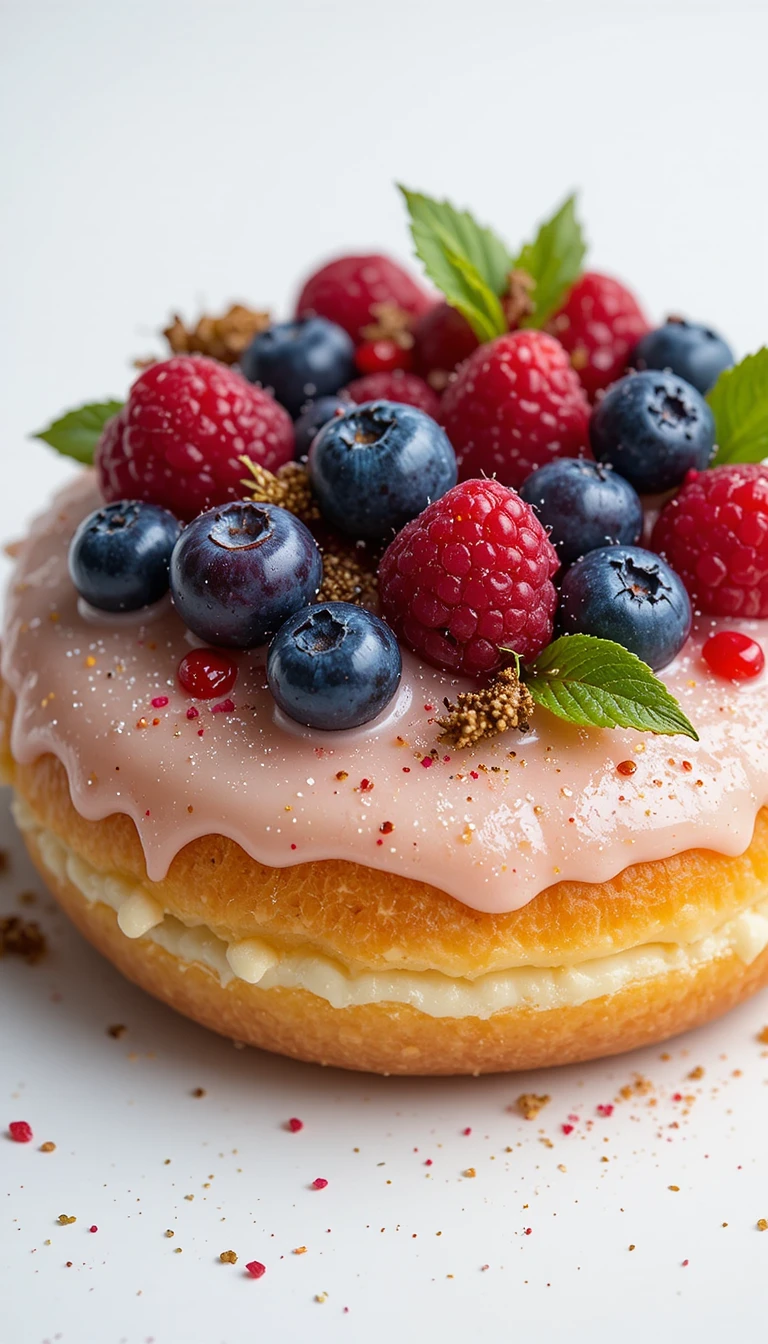 Iced donut with berries on a clean white background