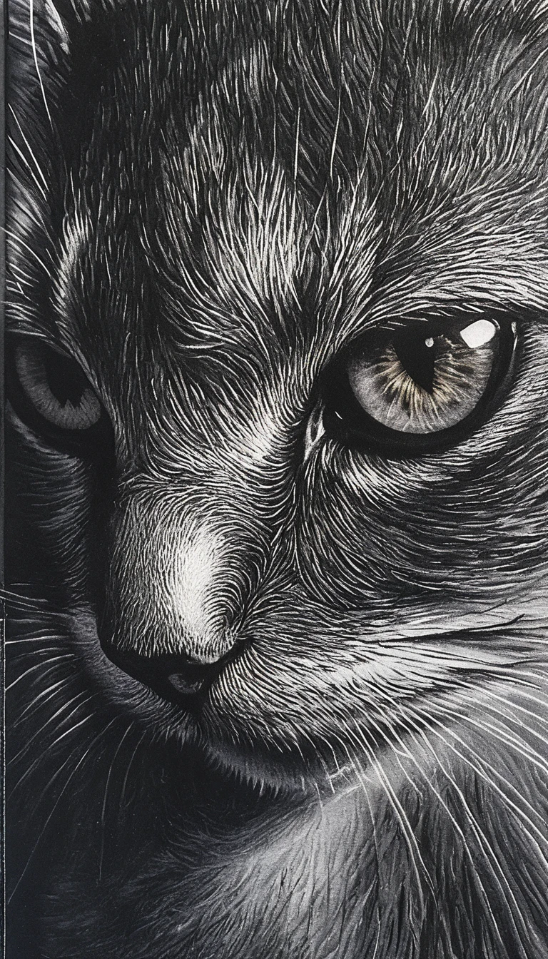 黒猫の超クローズアップ・スクラッチボード肖像画