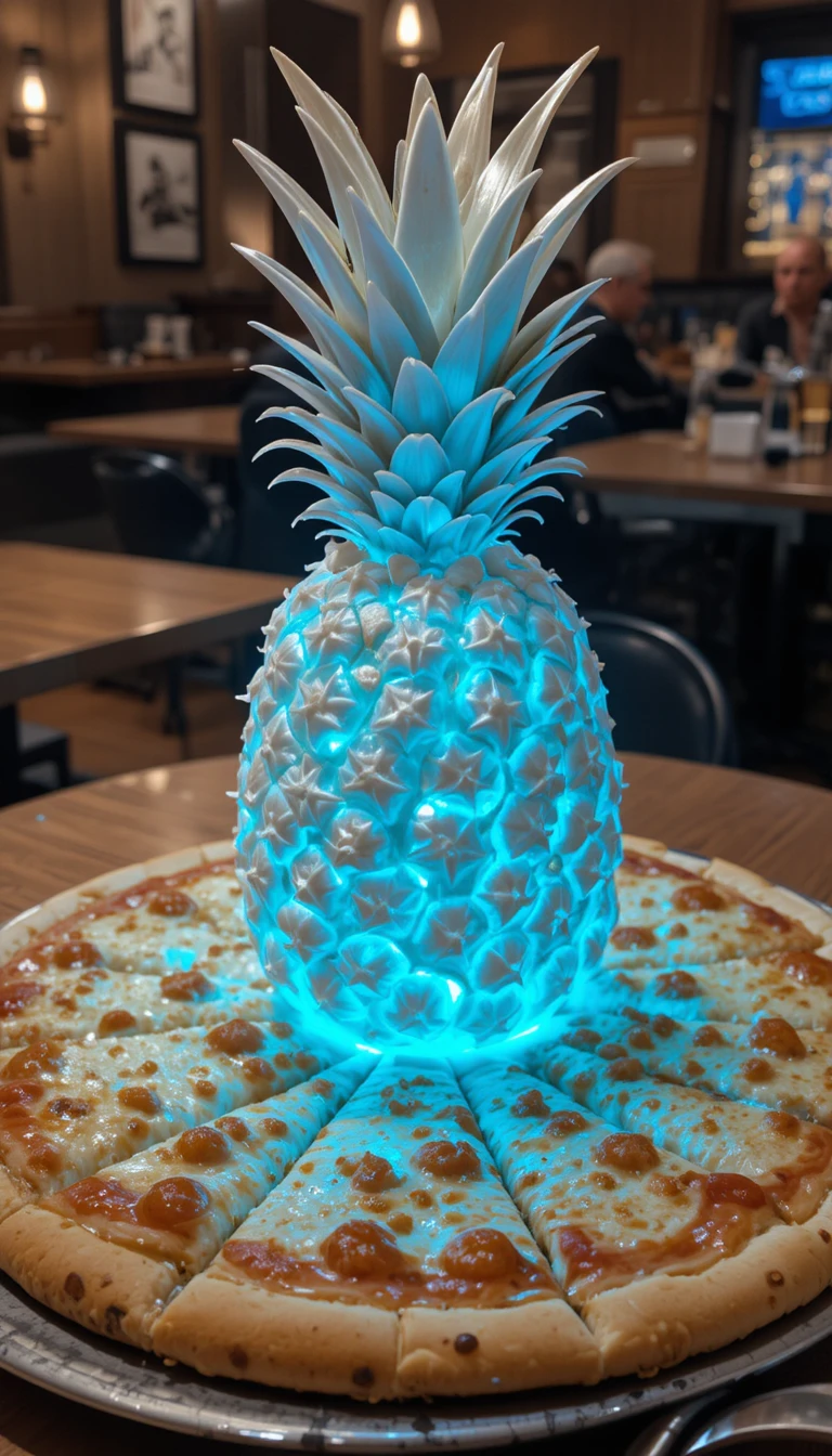 Glowing Pineapple Pizza On A Restaurant Table
